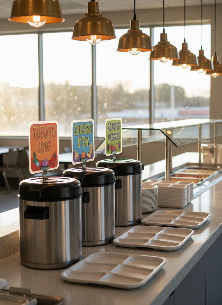 An organized school canteen serving station with multiple insulated containers of fresh soups, stews and vegetable dishes, all labeled with colorful, child-friendly signage. The counter surface is spotless light-gray composite, with stackable, durable plates and trays aligned in perfect rows. Large windows in the background let in soft afternoon daylight, combined with warm pendant lighting above the station, creating a cozy yet efficient mood. Photographic realism at an eye-level angle, sharp focus on the food containers and labels, slightly blurred background, highlighting safe, nutritious and appealing mass meal service for educational institutions.