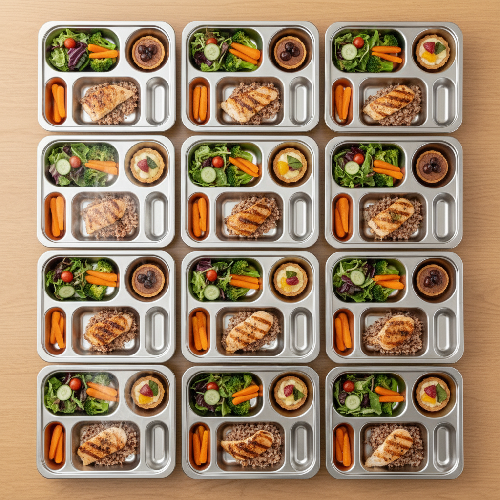 An overhead view of several compartmentalized stainless steel meal trays arranged in a precise grid on a light wooden surface, each tray filled with a balanced, colorful menu: protein dish, vegetable side, grain, salad, and a small dessert. The food appears fresh and carefully portioned, with steam subtly visible from hot items. Soft studio lighting from above creates natural, clean shadows between trays, highlighting variety and abundance. The composition is symmetrical and orderly, photographic realism with sharp focus, evoking the idea of hygienic, economical and nutritious mass catering for corporate cafeterias and institutional dining.