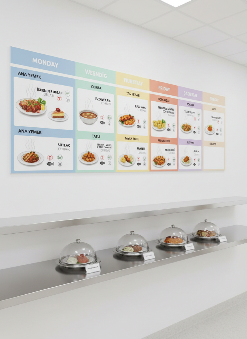 A bright, color-coded weekly menu board for a factory cafeteria displayed on a clean white wall, each day showing illustrated plates of Turkish-inspired dishes, soups and desserts, with icons indicating balanced nutrition and allergen information. Below the board, a tidy stainless shelf holds labeled sample plates under clear covers, showcasing vibrant, steaming meals. Even, soft interior lighting ensures every detail is visible without harsh reflections. Photographic realism with a slight depth of field blur on the background wall, creating a modern, informative and reassuring atmosphere that emphasizes planning, variety and attention to dietary needs in mass meal services.