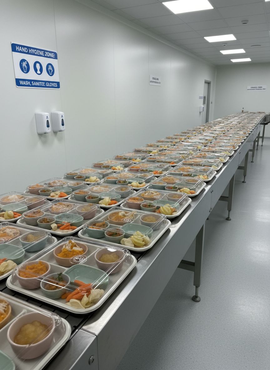 A hospital-style food distribution area featuring rows of sealed, compartmentalized meal trays on a long stainless conveyor, each tray containing easily digestible, visually appealing portions in pastel-colored dishes suitable for patients. The environment is pristine, with smooth white walls, clearly visible hygiene signage, and touchless dispensers on the side. Neutral, bright overhead lighting eliminates shadows, reinforcing sterility and safety. Photographic realism, captured from a side angle along the conveyor to create depth and repetition, conveying meticulous hygiene standards and specialized large-scale catering tailored to healthcare facilities.