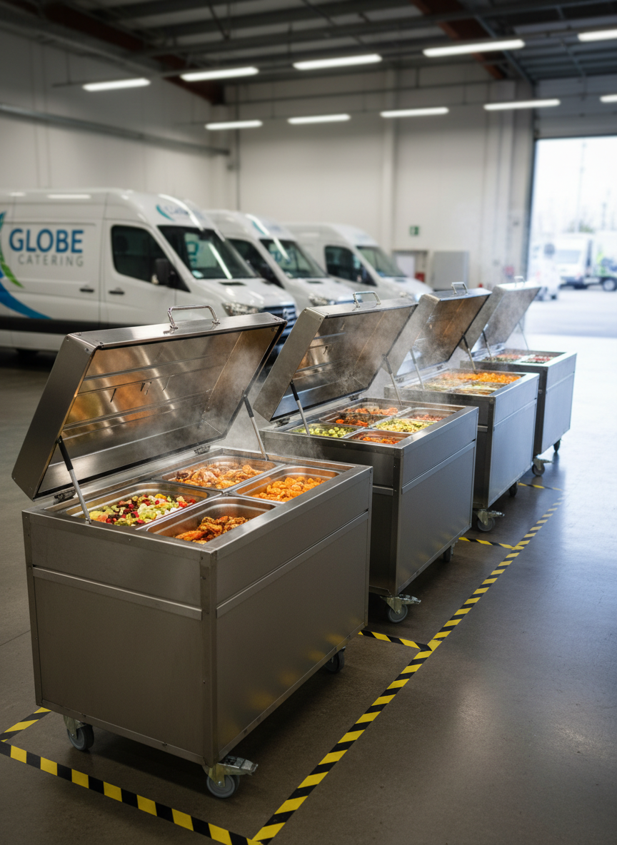 A serving line of insulated, industrial food carts with open lids revealing neatly organized hot and cold dishes in shiny metal containers, positioned in a spotless loading bay area with smooth concrete floors and clearly marked safety lines. In the background, branded delivery vans are slightly out of focus, emphasizing logistics and reliability without showing drivers. Cool daylight filters in from a large open door, mixing with neutral overhead lighting to create a bright, efficient atmosphere. Shot from a slightly low angle, photographic realism, highlighting scale, professionalism and the seamless transport of hygienic bulk meals to client sites.